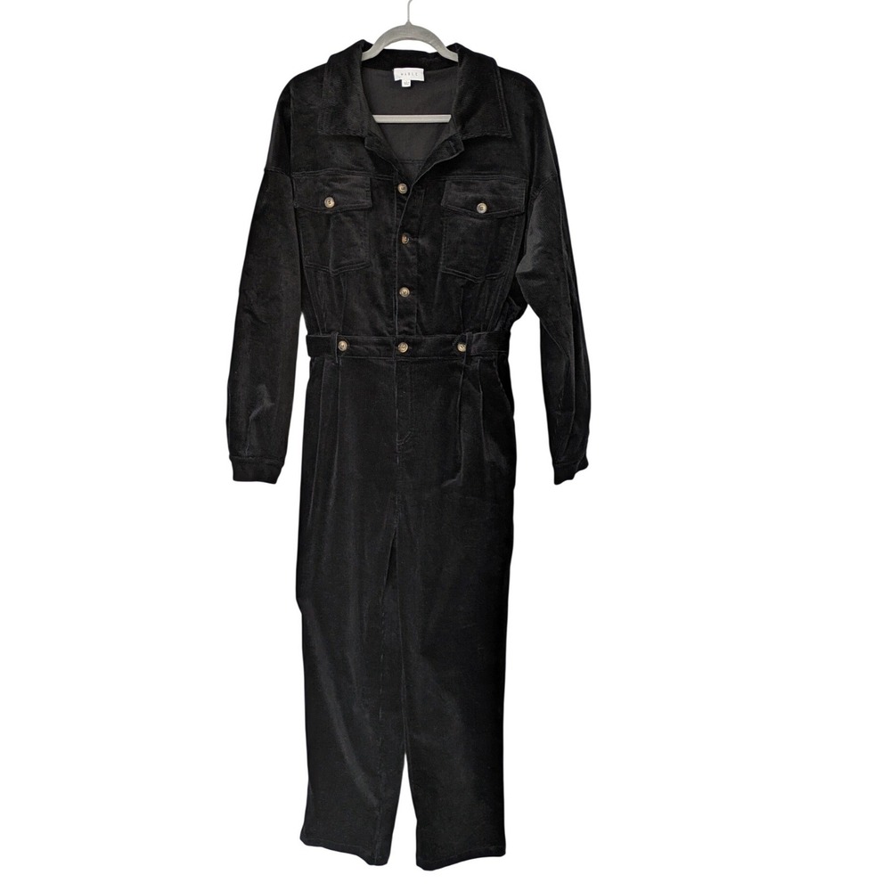 Mable Chelsea Cinched Waist Corduroy Jumpsuit Women L Black Long Sleeve Utility - Picture 2 of 10